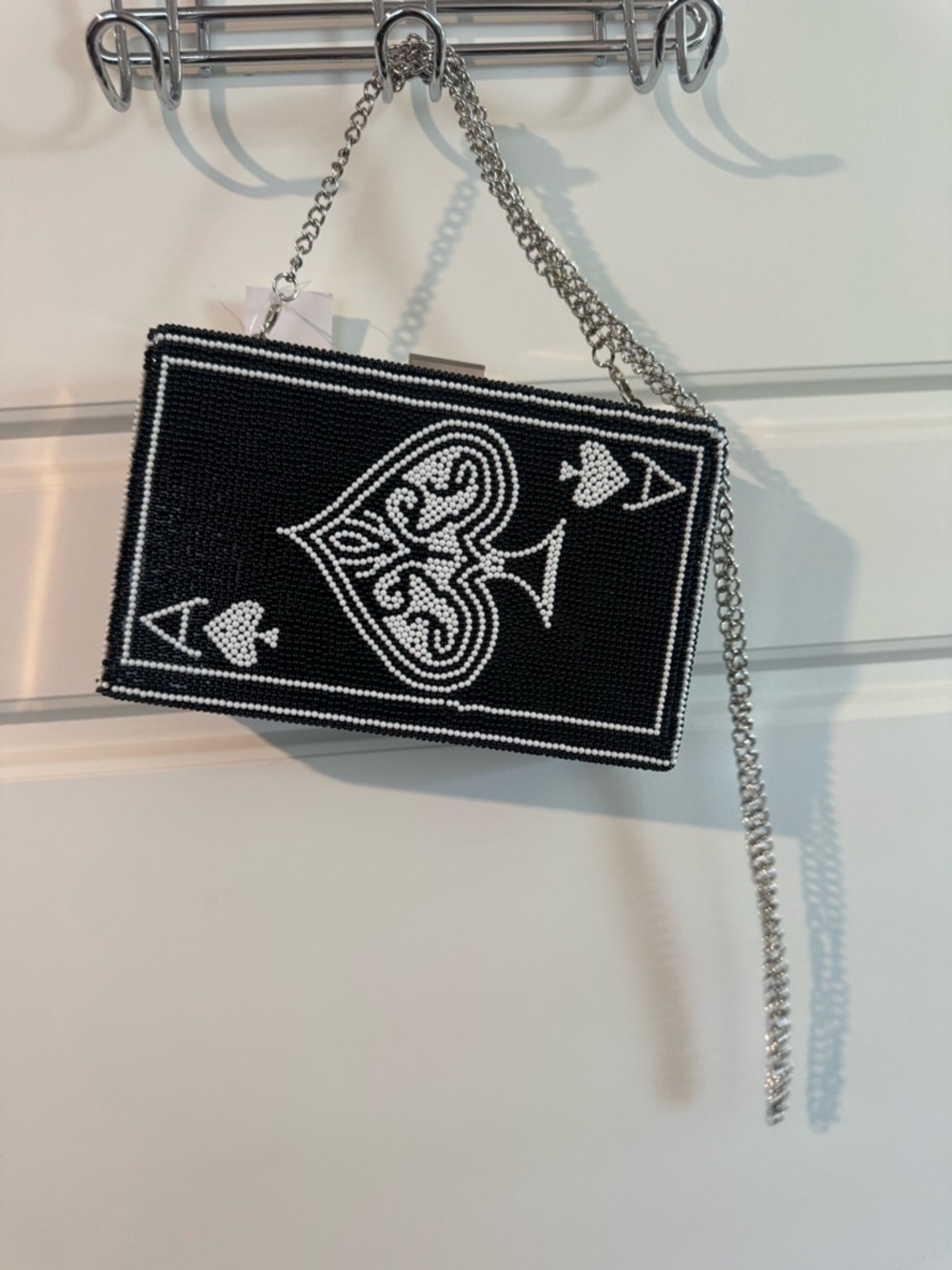 Beaded Ace of Spades Black Crossbody Bag with Silver Chain - NWT